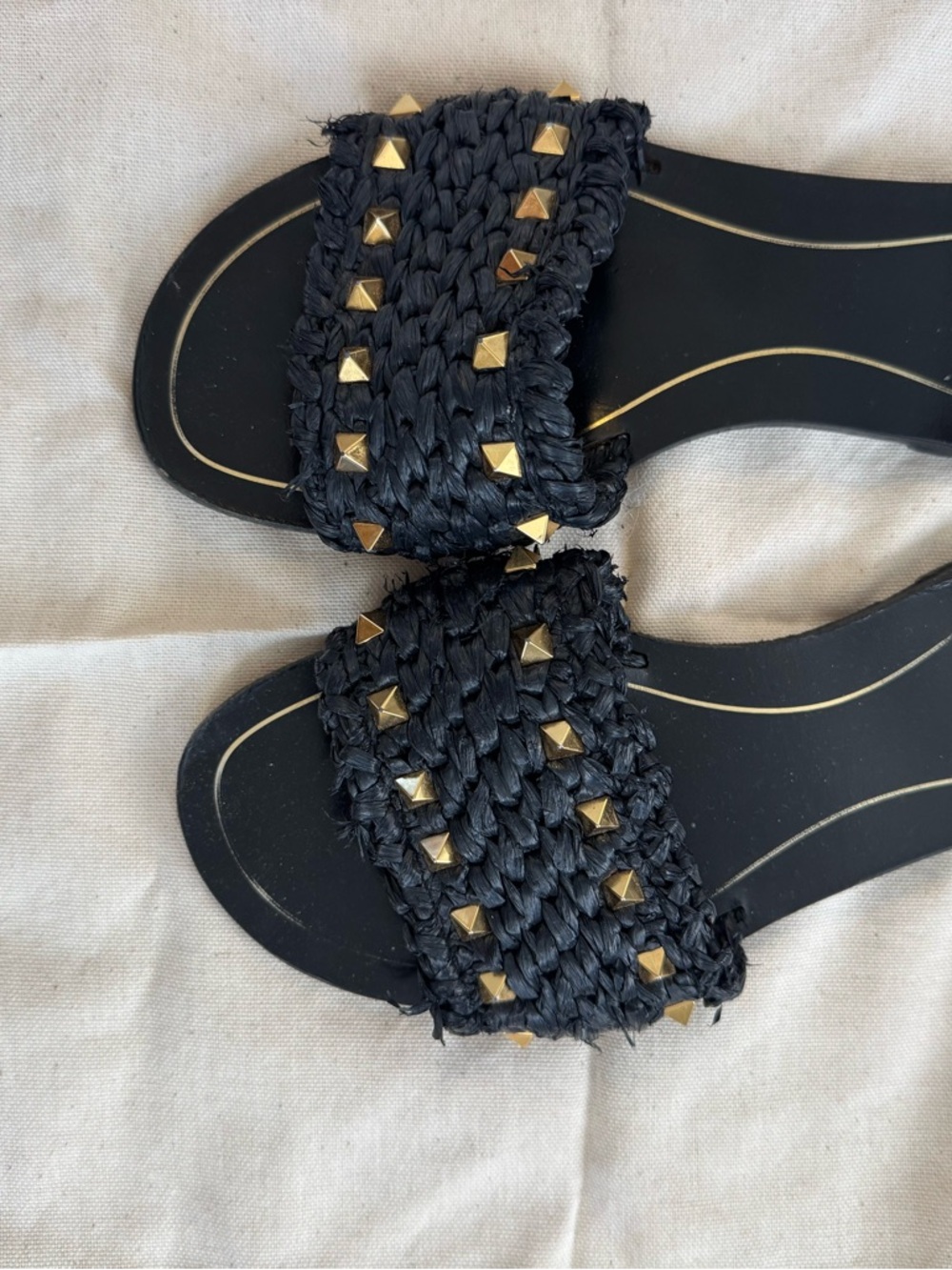 Valentino Garavani Black Raffia Slide Sandals with Gold Studs with dust bag